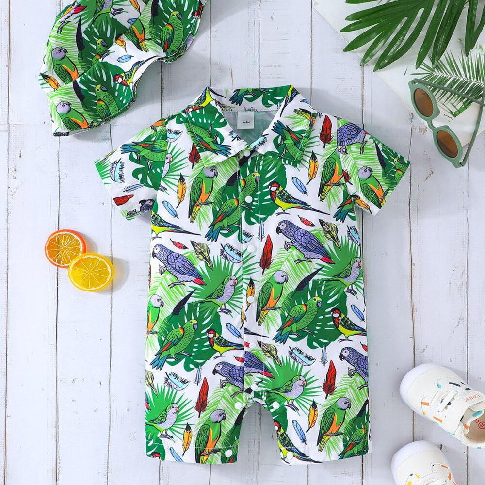 Green Tropical Parrot Baby Romper & Hat (BC0639)